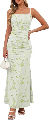 Women Sleeveless Spaghetti Strap Floral Maxi Dress Ruched Bodycon Beach Wedding Guest Backless Long Slip Dresses in Saudi Arabia