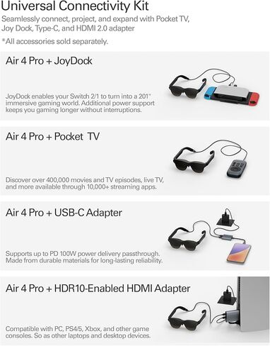 نظارات RayNeo Air 4 Pro AR/XR، شاشة افتراضية HDR10 201 بوصة، شاشة فيديو ثلاثية الأبعاد للأفلام والألعاب 120 هرتز، توصيل وتشغيل USB-C لهاتف iPhone 17/16/15، Android، Switch 2، PS5، Steam Deck in Kuwait