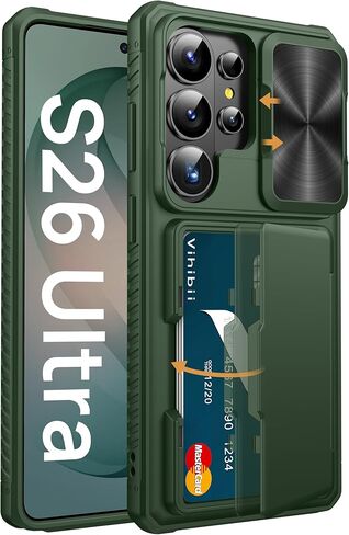 حافظة Vihibii لهاتف Samsung Galaxy S26 Ultra مع حامل بطاقات (4 بطاقات) RFID وغطاء كاميرا منزلق، حماية من السقوط من الدرجة العسكرية، حافظة هاتف محفظة لهاتف Samsung Galaxy S26 Ultra 6.9" 2026، أسود in Kuwait