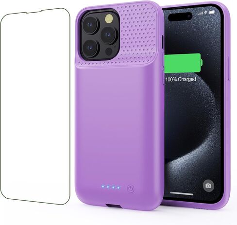 حافظة بطارية لهاتف iPhone 15Pro Max، حافظة شحن بطارية نحيفة محمولة بقدرة 8600 مللي أمبير في الساعة، غطاء شاحن ممتد واقٍ للشحن السريع بقدرة 15 وات لهاتف iPhone 15 Pro Max (6.7 بوصة) - أسود in Kuwait