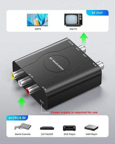 محول RF، محول RCA إلى RF محوري مع مفتاح قناة 3/4 لوحدات تحكم ألعاب VHS/VCR/DVD، يتضمن كابل RCA بطول 3.3 قدم، يحول الفيديو المركب AV إلى NTSC التناظري للتلفزيون (أسود) in Kuwait
