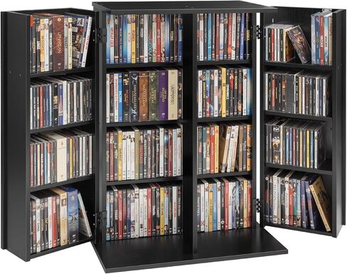 خزانة تخزين الوسائط VEVOR، منظم رف DVD بأربعة طبقات، 24.02 × 14.49 × 33.31 بوصة منظم تخزين الوسائط المتعددة للأقراص المضغوطة وأقراص DVD والكتب والألعاب ورف الأقراص المضغوطة لغرفة المعيشة والمكتب المنزلي وغرفة التسجيل، أسود in Kuwait