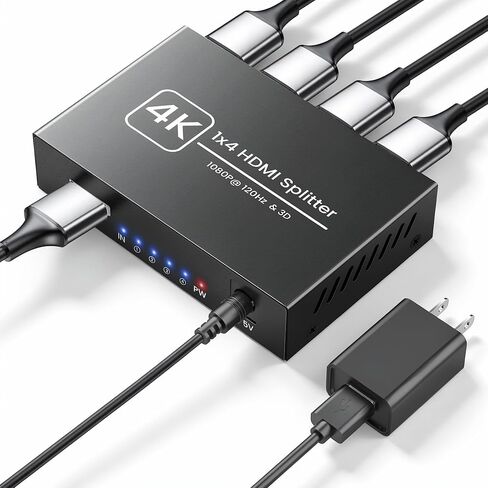 4K HDMI Splitter 1 in 4 Out, Supports 1080P@120Hz, Up to 100ft Long Distance Transmission, Powered 1x4 HDMI Splitter with 5V DC Power Adapter, Duplicate & Mirror Display for Multiple TVs and Monitors in Kuwait