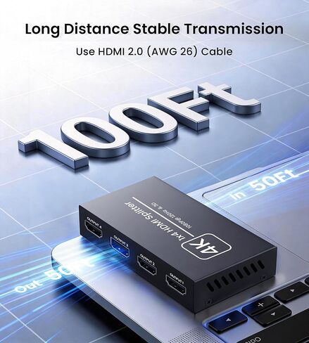 4K HDMI Splitter 1 in 4 Out, Supports 1080P@120Hz, Up to 100ft Long Distance Transmission, Powered 1x4 HDMI Splitter with 5V DC Power Adapter, Duplicate & Mirror Display for Multiple TVs and Monitors in Kuwait