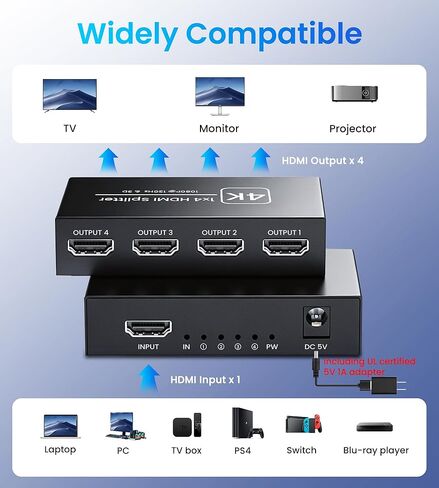 4K HDMI Splitter 1 in 4 Out, Supports 1080P@120Hz, Up to 100ft Long Distance Transmission, Powered 1x4 HDMI Splitter with 5V DC Power Adapter, Duplicate & Mirror Display for Multiple TVs and Monitors in Kuwait