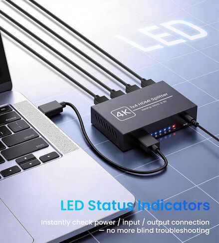 4K HDMI Splitter 1 in 4 Out, Supports 1080P@120Hz, Up to 100ft Long Distance Transmission, Powered 1x4 HDMI Splitter with 5V DC Power Adapter, Duplicate & Mirror Display for Multiple TVs and Monitors in Kuwait