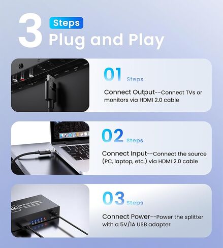 4K HDMI Splitter 1 in 4 Out, Supports 1080P@120Hz, Up to 100ft Long Distance Transmission, Powered 1x4 HDMI Splitter with 5V DC Power Adapter, Duplicate & Mirror Display for Multiple TVs and Monitors in Kuwait
