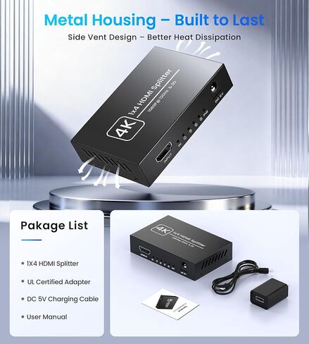 4K HDMI Splitter 1 in 4 Out, Supports 1080P@120Hz, Up to 100ft Long Distance Transmission, Powered 1x4 HDMI Splitter with 5V DC Power Adapter, Duplicate & Mirror Display for Multiple TVs and Monitors in Kuwait