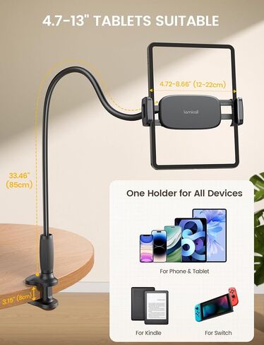حامل الكمبيوتر اللوحي Lamicall Gooseneck للسرير - [ذراع مرن مدبب فريد من نوعه] [قابل للتعديل بالكامل] حامل iPad Kindle للقراءة في السرير، حامل الكمبيوتر اللوحي لأجهزة iPad مقاس 4.7-13 بوصة، Kindle، Switch، Galaxy، iPhone in Kuwait