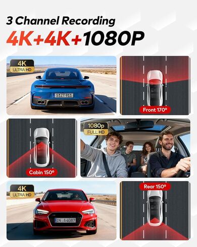 كاميرا داش كام 4K+4K+1080P ثلاثية القنوات أمامية وخلفية مع كابينة، بطاقة مجانية سعة 128 جيجابايت متضمنة، 5.8 جيجا هرتز WIFI6 - ما يصل إلى 20 ميجابايت/ثانية، رؤية ليلية بالأشعة تحت الحمراء، نظام تحديد المواقع المدمج، مستشعر G، وضع ركن السيارة 24 ساعة، دعم  in Kuwait
