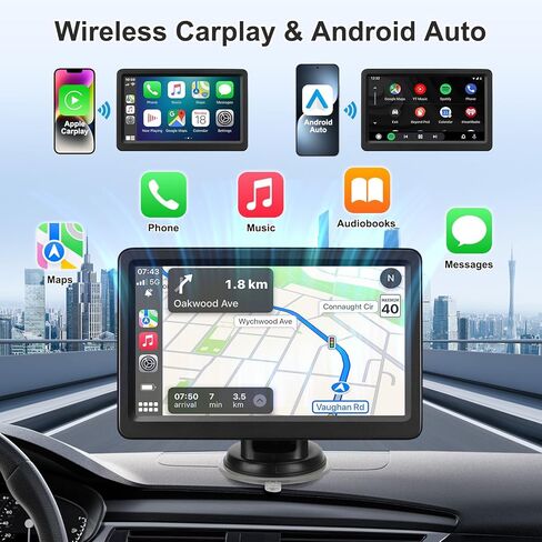شاشة Carplay للسيارة، شاشة Carplay لاسلكية مقاس 7 بوصات وAndroid Auto، شاشة لمس عالية الدقة محمولة مع وصلة مرآة، ملاحة GPS، التحكم الصوتي، مكالمات بدون استخدام اليدين، بلوتوث/AUX/FM، شاشة تشغيل السيارة للتوصيل والتشغيل in Kuwait