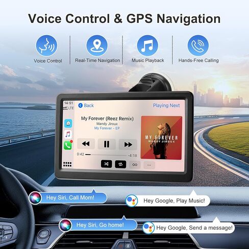 شاشة Carplay للسيارة، شاشة Carplay لاسلكية مقاس 7 بوصات وAndroid Auto، شاشة لمس عالية الدقة محمولة مع وصلة مرآة، ملاحة GPS، التحكم الصوتي، مكالمات بدون استخدام اليدين، بلوتوث/AUX/FM، شاشة تشغيل السيارة للتوصيل والتشغيل in Kuwait