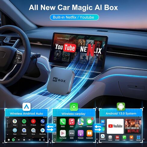 محول CarPlay اللاسلكي، محول السيارة مع توصيل وتشغيل فيديو السيارة السريع Netflix، إعداد سهل، يدعم معادلات تدفق بطاقة Netflix/YouTube/TF والمزيد لسيارات OEM السلكية CarPlay/Android Auto in Kuwait