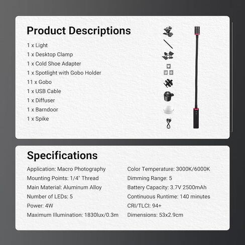 مصباح LED NEEWER Basics ML01 USB C للتصوير الفوتوغرافي الماكرو، 4 وات IP54 زاوية شعاع قابلة للانحناء 1700LUX CRI95 مع 5 ألوان RGB، بطارية 2500 مللي أمبير في الساعة، حذاء بارد للكاميرا، مشبك، ملحقات GOBO in Kuwait