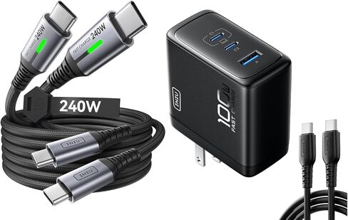 كابل INIU USB C إلى USB C، سلك شاحن سريع من النوع C بقدرة 240 وات لشاحن MacBook Pro، شحن سريع بتقنية GaN بقدرة 100 وات، شاحن صغير قابل للطي بثلاثة منافذ مع كابل USB C in Kuwait