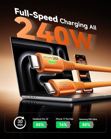 كابل INIU USB C إلى USB C، سلك شاحن سريع من النوع C بقدرة 240 وات لشاحن MacBook Pro، شحن سريع بتقنية GaN بقدرة 100 وات، شاحن صغير قابل للطي بثلاثة منافذ مع كابل USB C in Kuwait