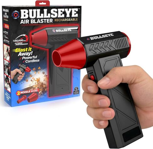 منفضة هواء كهربائية BULLSEYE Blaster 130000 دورة في الدقيقة، منفاخ هواء مضغوط لاسلكي قابل لإعادة الشحن لتنظيف الكمبيوتر، لوحة المفاتيح، الإلكترونيات، تفاصيل السيارة، 3 سرعات توربو، 2 فوهات - كما رأينا على شاشة التلفزيون in Kuwait