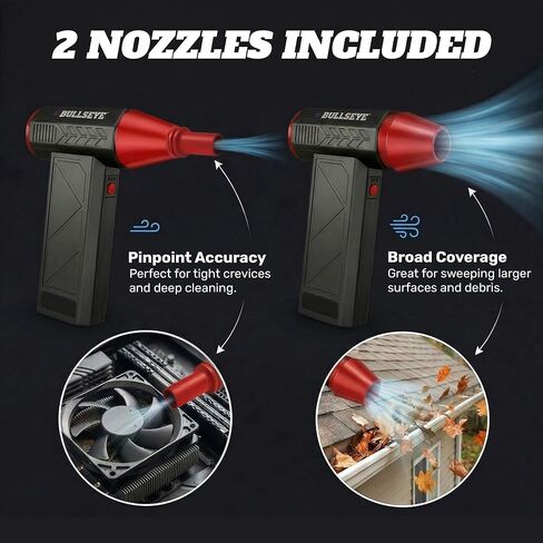 منفضة هواء كهربائية BULLSEYE Blaster 130000 دورة في الدقيقة، منفاخ هواء مضغوط لاسلكي قابل لإعادة الشحن لتنظيف الكمبيوتر، لوحة المفاتيح، الإلكترونيات، تفاصيل السيارة، 3 سرعات توربو، 2 فوهات - كما رأينا على شاشة التلفزيون in Kuwait