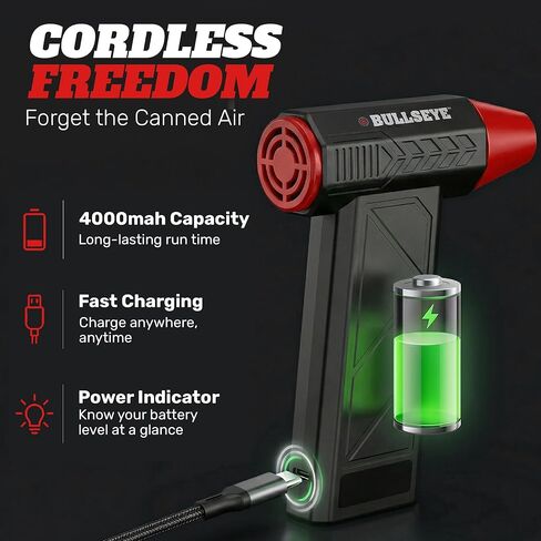 منفضة هواء كهربائية BULLSEYE Blaster 130000 دورة في الدقيقة، منفاخ هواء مضغوط لاسلكي قابل لإعادة الشحن لتنظيف الكمبيوتر، لوحة المفاتيح، الإلكترونيات، تفاصيل السيارة، 3 سرعات توربو، 2 فوهات - كما رأينا على شاشة التلفزيون in Kuwait