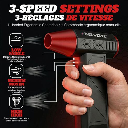 منفضة هواء كهربائية BULLSEYE Blaster 130000 دورة في الدقيقة، منفاخ هواء مضغوط لاسلكي قابل لإعادة الشحن لتنظيف الكمبيوتر، لوحة المفاتيح، الإلكترونيات، تفاصيل السيارة، 3 سرعات توربو، 2 فوهات - كما رأينا على شاشة التلفزيون in Kuwait