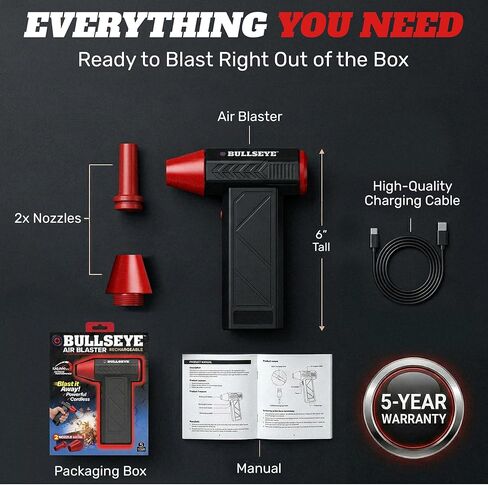 منفضة هواء كهربائية BULLSEYE Blaster 130000 دورة في الدقيقة، منفاخ هواء مضغوط لاسلكي قابل لإعادة الشحن لتنظيف الكمبيوتر، لوحة المفاتيح، الإلكترونيات، تفاصيل السيارة، 3 سرعات توربو، 2 فوهات - كما رأينا على شاشة التلفزيون in Kuwait