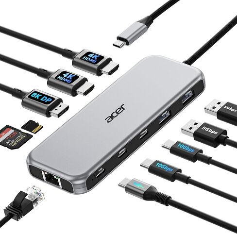 Acer Laptop Docking Station 3 Monitors, 11-in-1 USB C Docking Station with 8K DP, HDMI 4K@60Hz, 10Gbps Data, 1 Gbps Ethernet Hub, 100W Power Delivery, SD/TF, USB C Hub Multiport Adapter for Laptop in Kuwait