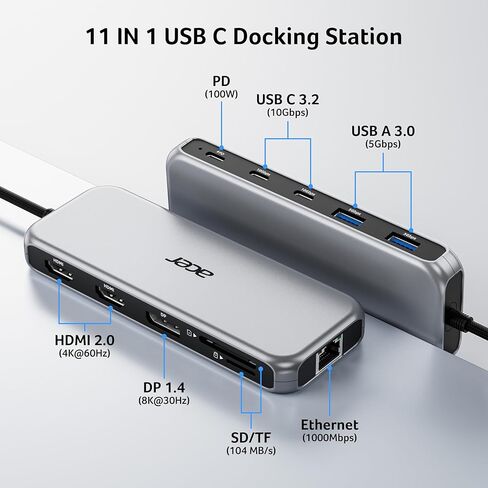 Acer Laptop Docking Station 3 Monitors, 11-in-1 USB C Docking Station with 8K DP, HDMI 4K@60Hz, 10Gbps Data, 1 Gbps Ethernet Hub, 100W Power Delivery, SD/TF, USB C Hub Multiport Adapter for Laptop in Kuwait