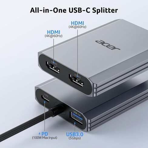 موزع USB C 4 في 1 من Acer، محول HDMI من النوع C إلى HDMI مزدوج 4K@60 هرتز، مقسم HDMI للشاشات المزدوجة مع منفذ PD 100 وات، USB 3.0، محول شاشة مزدوج متوافق مع Acer، Dell XPS، HP، MacBook Neo/Air/Pro in Kuwait