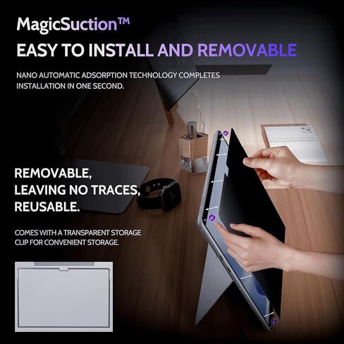 شاشة خصوصية Peslv لجهاز Surface Pro 11/10/9/8/X مقاس 13 بوصة، واقي أسود مضاد للتجسس MagicSuction™ قابل للإزالة، مرشح الضوء الأزرق الوهج لشاشة الكمبيوتر المحمول Microsoft in Kuwait