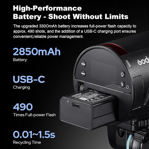 Godox AD100Pro II AD100PROII Flash 100Ws Strobe Light with 3300mAh Battery,One-Touch Sync with X3/X3Pro, 490 Full Power Flashes, 2.4G TTL 1/8000s HSS, 0.01~1.5s Recycle Time in Kuwait