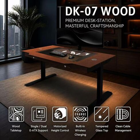 مكتب قائم بمحرك خشبي من Lian Li DK-07 | Dual E-ATX جاهز، سطح خشبي حقيقي، شحن لاسلكي مدمج، ارتفاع قابل للتعديل، ما يصل إلى 480/420 مشعاع مزدوج، دعم 17 مروحة، مكتب كمبيوتر مزدوج النظام (DK07X-WD) in Kuwait