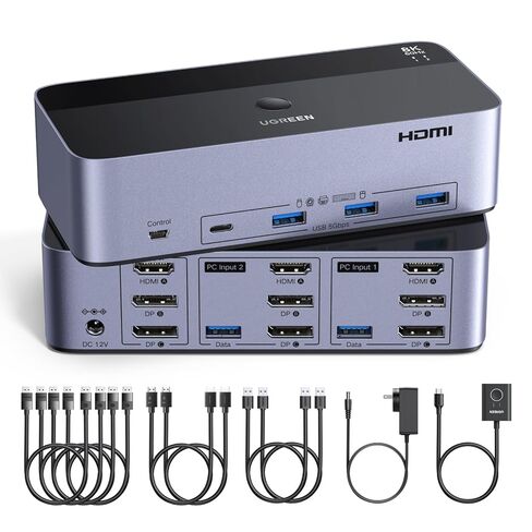 UGREEN 8K @ 60 هرتز HDMI Displayport KVM Switch 3 شاشات 2 جهاز كمبيوتر، ألومنيوم 4K @ 240 هرتز مع 4 منافذ USB 3.0 لجهازي كمبيوتر مشاركة شاشات ثلاثية مع 4 DP+2 HDMI+2 كابلات USB/محول طاقة/وحدة تحكم in Kuwait