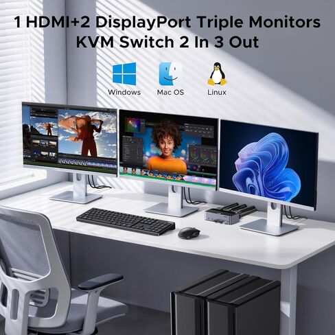 UGREEN 8K @ 60 هرتز HDMI Displayport KVM Switch 3 شاشات 2 جهاز كمبيوتر، ألومنيوم 4K @ 240 هرتز مع 4 منافذ USB 3.0 لجهازي كمبيوتر مشاركة شاشات ثلاثية مع 4 DP+2 HDMI+2 كابلات USB/محول طاقة/وحدة تحكم in Kuwait