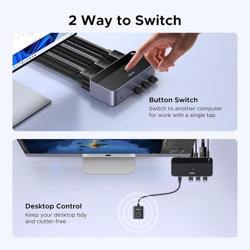 UGREEN 8K @ 60 هرتز HDMI Displayport KVM Switch 3 شاشات 2 جهاز كمبيوتر، ألومنيوم 4K @ 240 هرتز مع 4 منافذ USB 3.0 لجهازي كمبيوتر مشاركة شاشات ثلاثية مع 4 DP+2 HDMI+2 كابلات USB/محول طاقة/وحدة تحكم in Kuwait