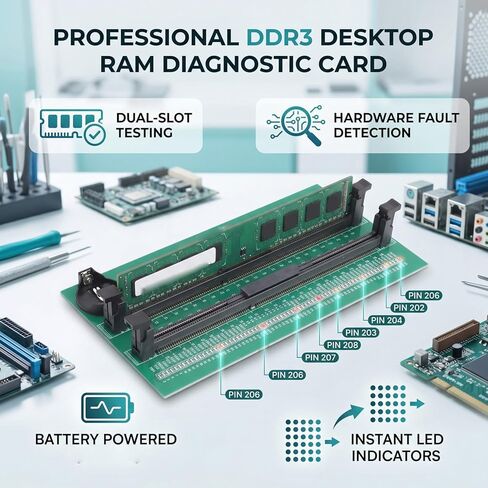 جهاز اختبار ذاكرة Luocute DDR3، بطاقة اختبار ذاكرة كمبيوتر مكتبي تعمل بالبطارية بفتحتين مع ضوء مؤشر LED، لفنيي تكنولوجيا المعلومات وخبراء إصلاح الكمبيوتر in Kuwait