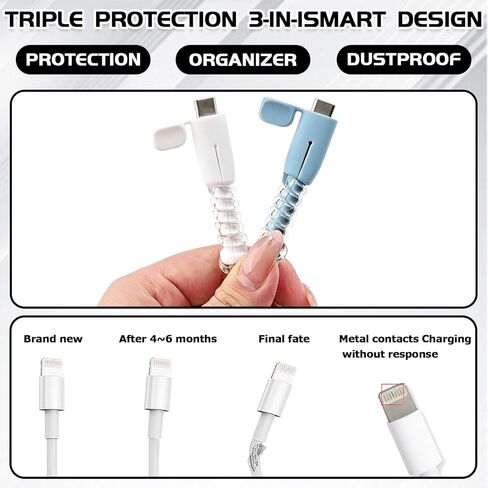 8PCS (4 Pairs) Charger Cable Protector - Silicone Non-Slip Cord Saver Compatible with Lightning & USB-C Type-C Cables, 2-in-1 Dustproof Cord Organizer and Cable Protection, Multicolor Wire Protector in Kuwait