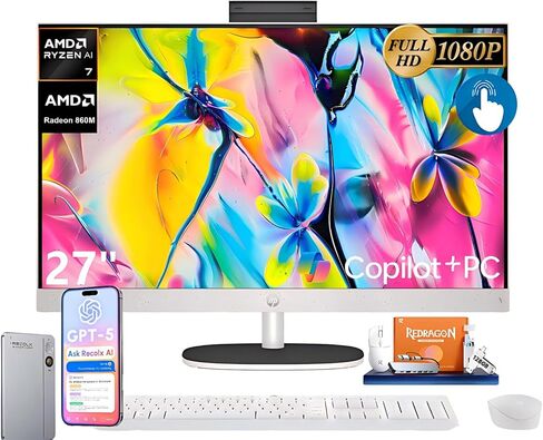 كمبيوتر مكتبي HP 27 بوصة FHD يعمل باللمس، AMD Ryzen AI 7 350 (8-Core)، 32 جيجابايت DDR5-5600 MT/s، 2 تيرابايت SSD، AMD Radeon 860M، Wi-Fi6، BT5.4، Copilot+ PC، Windows 11 Pro، مع مسجل صوت RECOLX AI in Kuwait