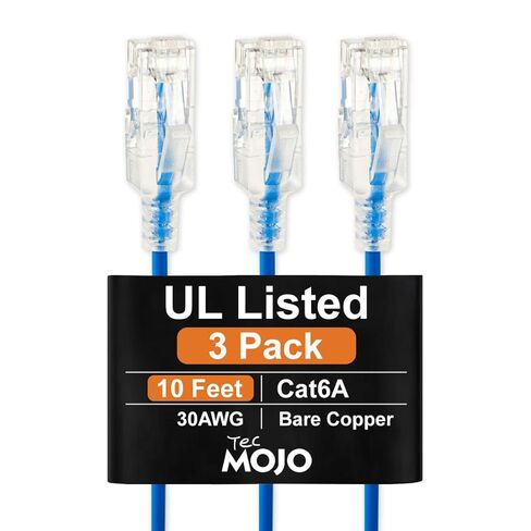 كابل إيثرنت Cat6a 10 أقدام فائق النحافة مدرج من Tecmojo، 30AWG 100% من النحاس النقي، كابل شبكة 10 جيجابت في الثانية 550 ميجاهرتز لجهاز التوجيه والمودم وXbox والكمبيوتر المحمول والخوادم، 3 حزم، أزرق in Kuwait