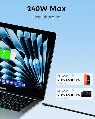 كابل Thunderbolt 5، كابل USB C معتمد من Intel بطول 3.3 قدم، شحن سريع 240 وات، عرض نطاق ترددي يصل إلى 120 جيجابت في الثانية، شاشات 16K/8K، متوافق مع Thunderbolt 4، USB 4، USB C in Kuwait