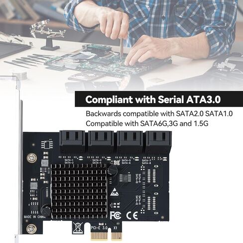 ELUTENG 8-Port PCIe إلى SATA 3.0 بطاقة توسيع SATA 6Gb/s SA3108J شرائح: ASM1064 + JMB575 X1 فتحة 8 منافذ SATAs III محول بطاقة وحدة التحكم التوسعة يتضمن 2 براغي ومفك براغي in Kuwait