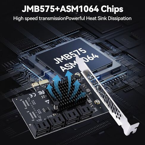 ELUTENG 8-Port PCIe إلى SATA 3.0 بطاقة توسيع SATA 6Gb/s SA3108J شرائح: ASM1064 + JMB575 X1 فتحة 8 منافذ SATAs III محول بطاقة وحدة التحكم التوسعة يتضمن 2 براغي ومفك براغي in Kuwait