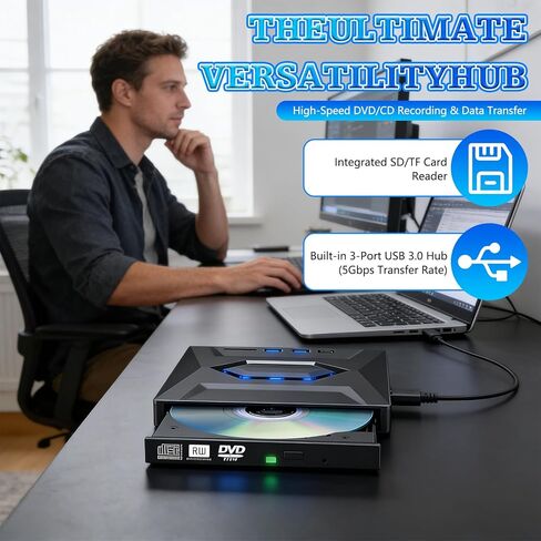 محرك أقراص Blu-ray خارجي محمول، قارئ ناسخ BD/DVD/CD مع محور USB وقارئ بطاقات SD/TF مع محور 3 منافذ USB وقارئات بطاقات SD/TF، ​​محرك أقراص ضوئي Blu-ray 6X لسطح المكتب للكمبيوتر المحمول in Kuwait