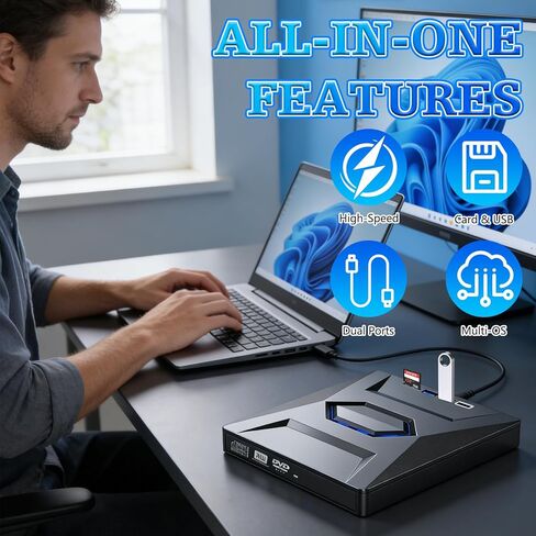 محرك أقراص Blu-ray خارجي محمول، قارئ ناسخ BD/DVD/CD مع محور USB وقارئ بطاقات SD/TF مع محور 3 منافذ USB وقارئات بطاقات SD/TF، ​​محرك أقراص ضوئي Blu-ray 6X لسطح المكتب للكمبيوتر المحمول in Kuwait