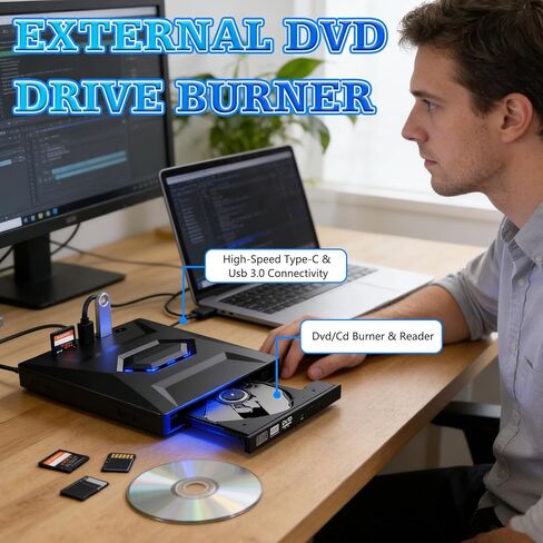 محرك أقراص Blu-ray خارجي محمول، قارئ ناسخ BD/DVD/CD مع محور USB وقارئ بطاقات SD/TF مع محور 3 منافذ USB وقارئات بطاقات SD/TF، ​​محرك أقراص ضوئي Blu-ray 6X لسطح المكتب للكمبيوتر المحمول in Kuwait