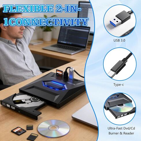 محرك أقراص Blu-ray خارجي محمول، قارئ ناسخ BD/DVD/CD مع محور USB وقارئ بطاقات SD/TF مع محور 3 منافذ USB وقارئات بطاقات SD/TF، ​​محرك أقراص ضوئي Blu-ray 6X لسطح المكتب للكمبيوتر المحمول in Kuwait