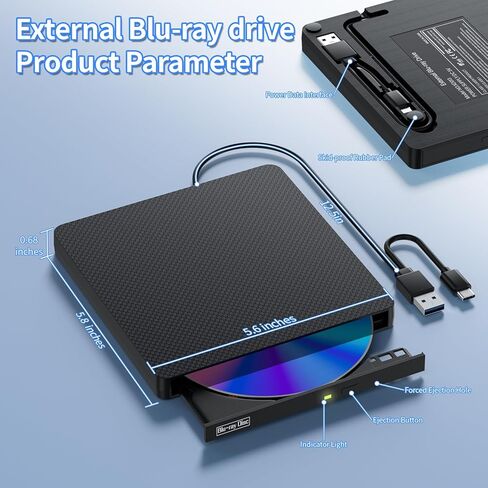 محرك أقراص Blu-ray خارجي، USB 3.0 وType-C BD/DVD/CD Burner - مشغل Blu-ray محمول مع تشغيل ثلاثي الأبعاد، متوافق مع أنظمة التشغيل Windows وLinux وMac OS (2 IN1) in Kuwait