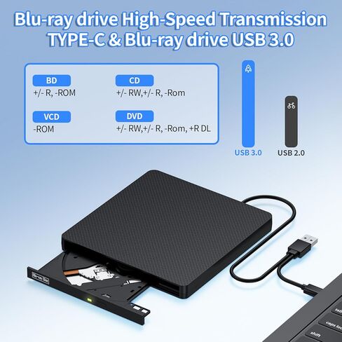 محرك أقراص Blu-ray خارجي، USB 3.0 وType-C BD/DVD/CD Burner - مشغل Blu-ray محمول مع تشغيل ثلاثي الأبعاد، متوافق مع أنظمة التشغيل Windows وLinux وMac OS (2 IN1) in Kuwait