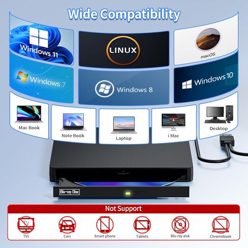 محرك أقراص Blu-ray خارجي، USB 3.0 وType-C BD/DVD/CD Burner - مشغل Blu-ray محمول مع تشغيل ثلاثي الأبعاد، متوافق مع أنظمة التشغيل Windows وLinux وMac OS (2 IN1) in Kuwait