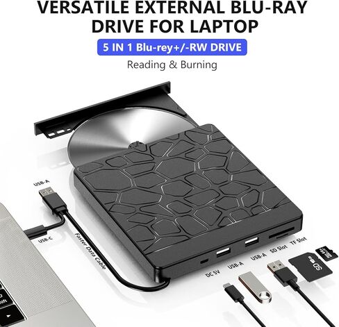External Blu-ray Drive for Laptop - DVD/CD Drive with Dual USB-A Ports, Portable 5-in-1 USB 3.0 BD Reader, SD/TF Slots - Blu-ray Player for PC, Windows/Mac/Linux OS Compatible (5 in 1) in Kuwait