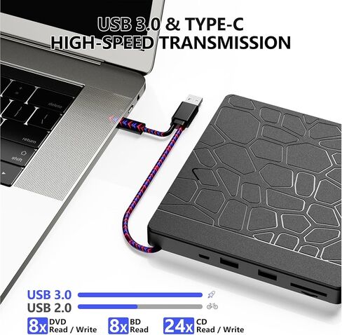 External Blu-ray Drive for Laptop - DVD/CD Drive with Dual USB-A Ports, Portable 5-in-1 USB 3.0 BD Reader, SD/TF Slots - Blu-ray Player for PC, Windows/Mac/Linux OS Compatible (5 in 1) in Kuwait
